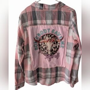 JELLY ROLL SAVE ME Upcycled Flannel Plaid Shirt Hand Crafted
